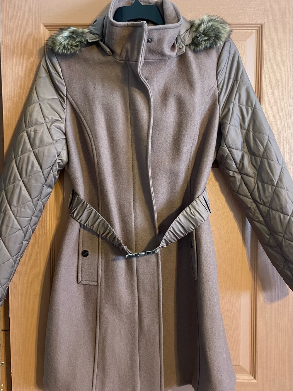 Kenneth Cole New York Taupe Quilted-Sleeve Trench Coat with Faux Fur Trim